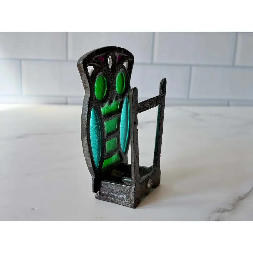 Vintage Cast Metal Owl Napkin Holder | Faux Stained Glass Adjustable Clamp